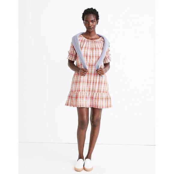 MADEWELL Plaid Ruffle-Sleeve Popover Mini Dress size XXS Style# AO279 - Picture 1 of 12